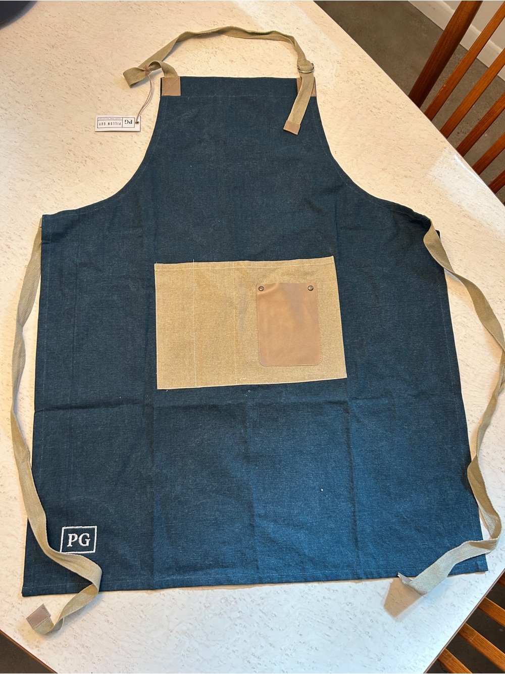Dark Denim Apron with Tan Pocket